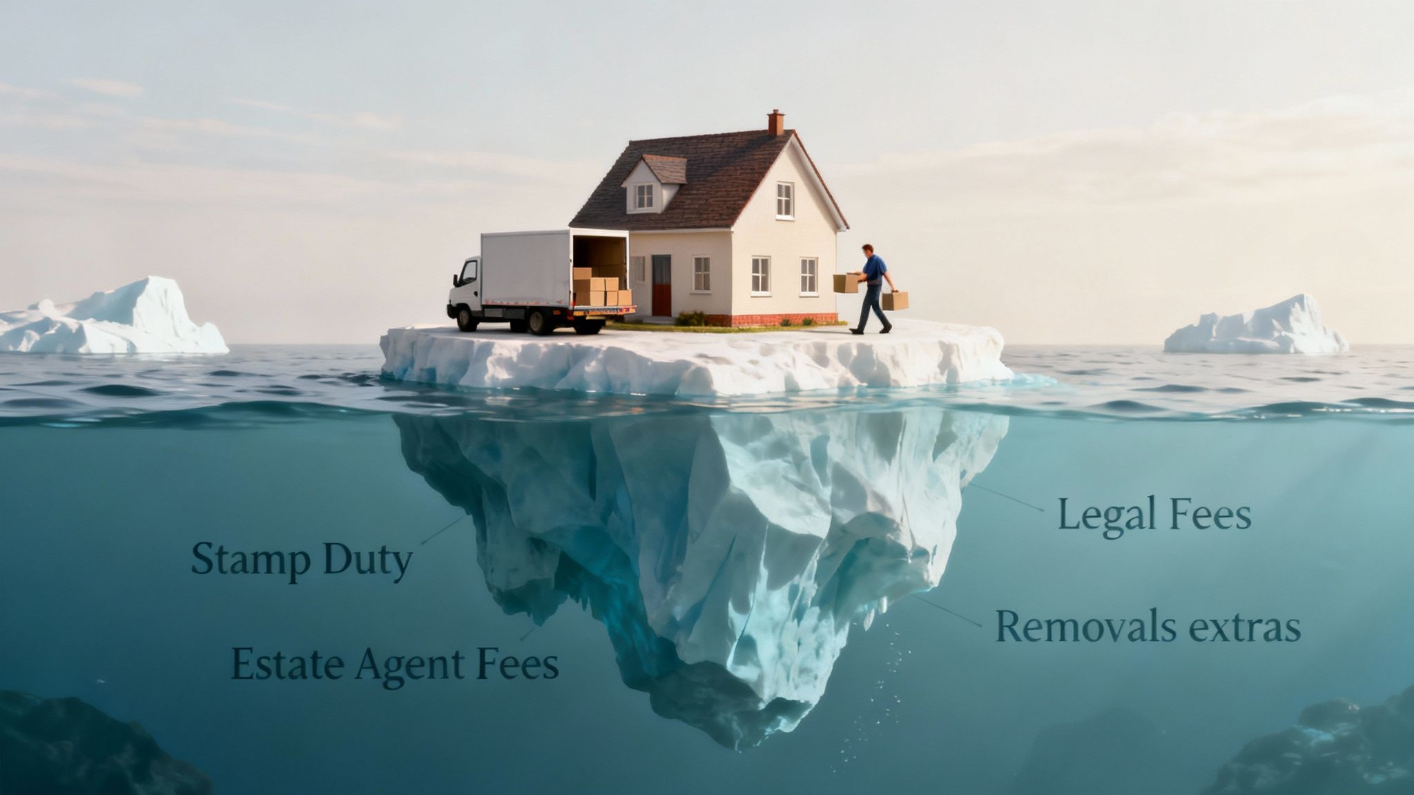 An iceberg with a house and moving truck, showing hidden moving costs like legal fees.