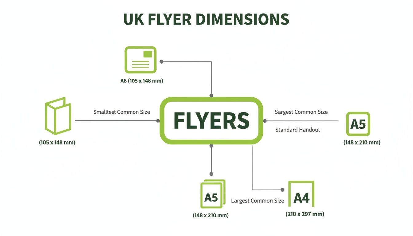 Diagram illustrating UK flyer dimensions, showing A6, A5, and A4 sizes with their measurements and common uses.