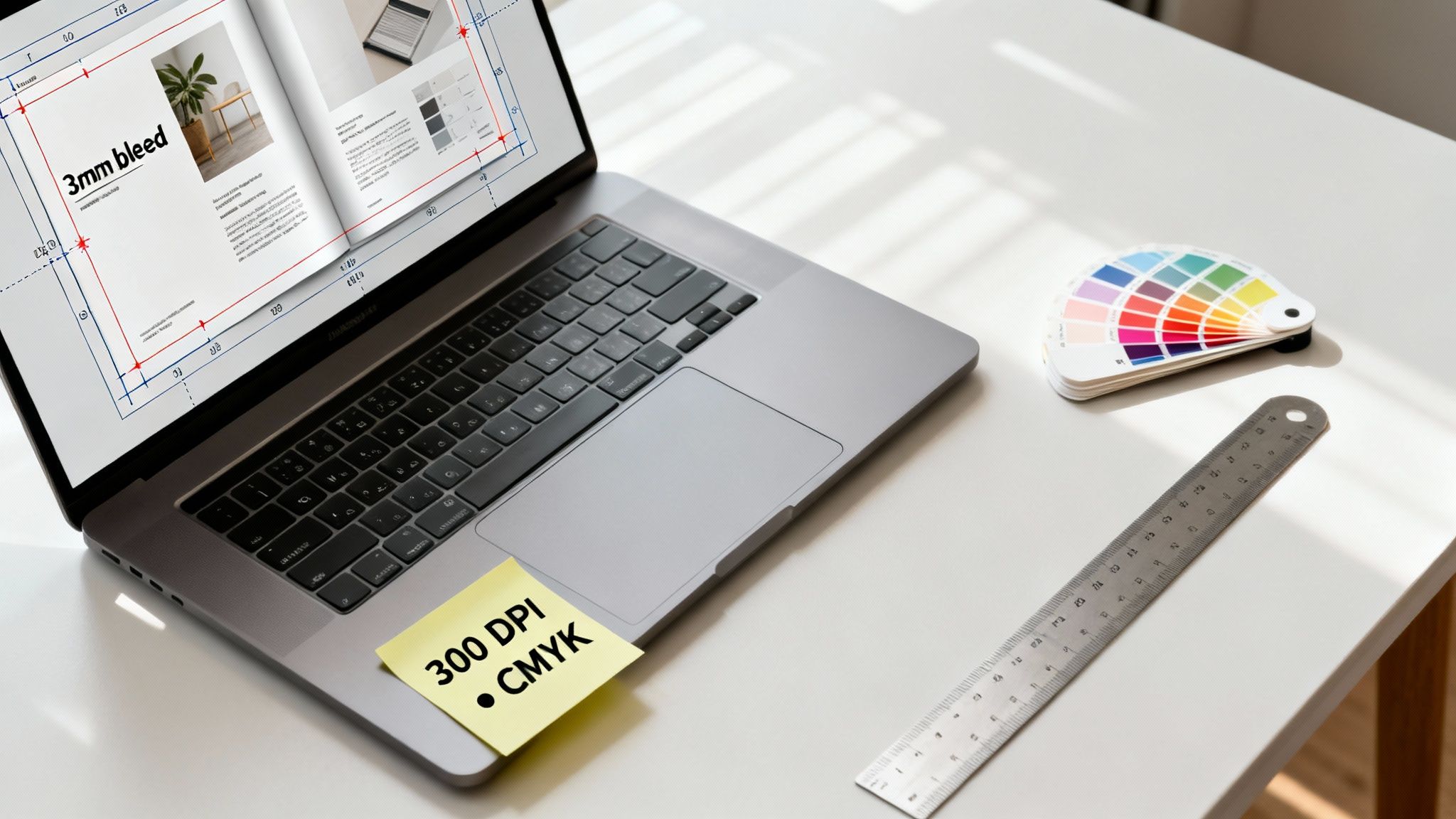 A laptop displays graphic design software with print bleed, color swatches, ruler, and CMYK note.