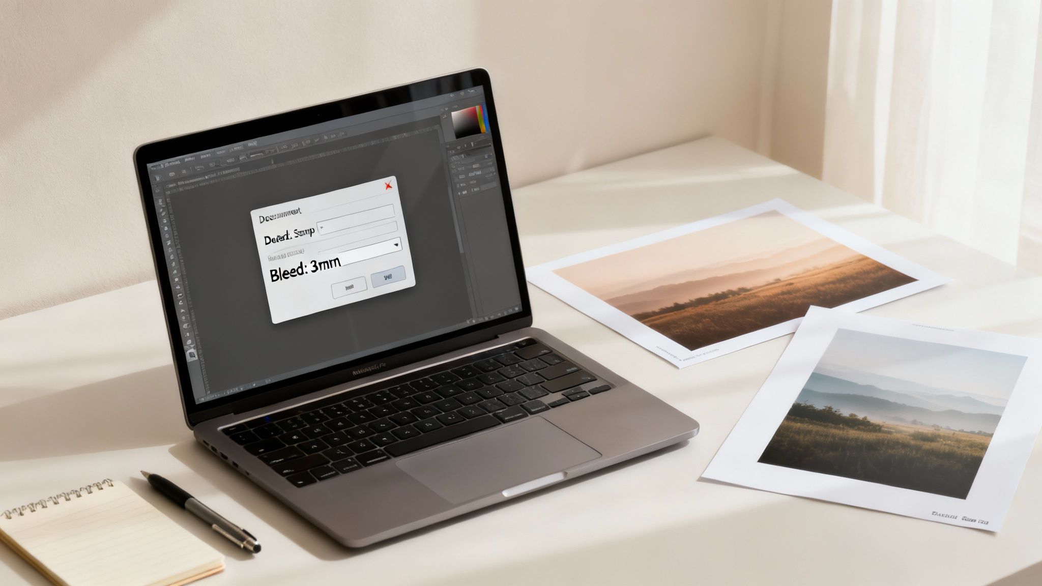 A laptop on a desk displays a print bleed setting, with two landscape photos and a notebook nearby.