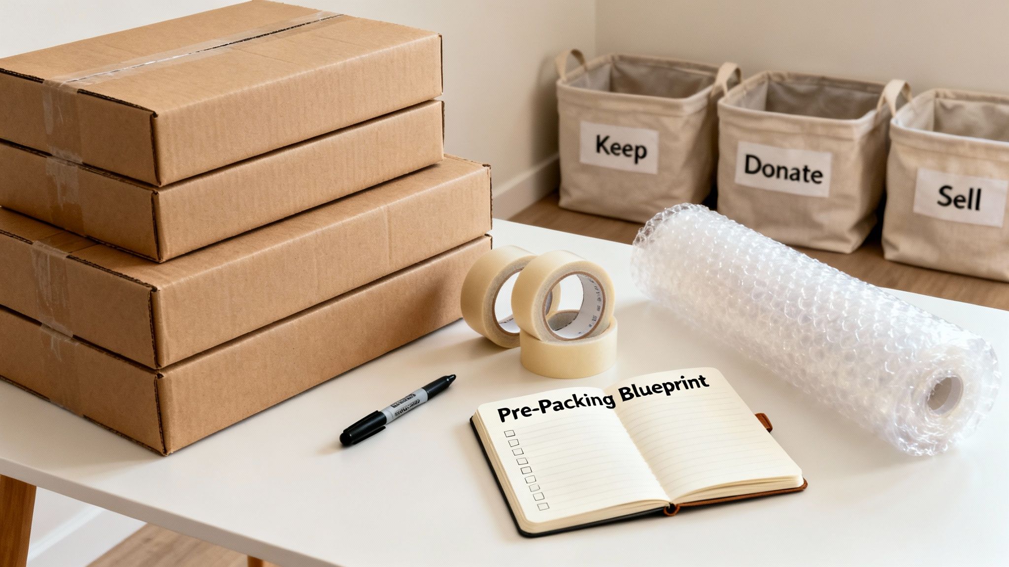 Moving supplies on a table: stacked cardboard boxes, tape, bubble wrap, a marker, and a pre-packing blueprint notebook. Storage bins labeled 'Keep', 'Donate', 'Sell' are in the background.