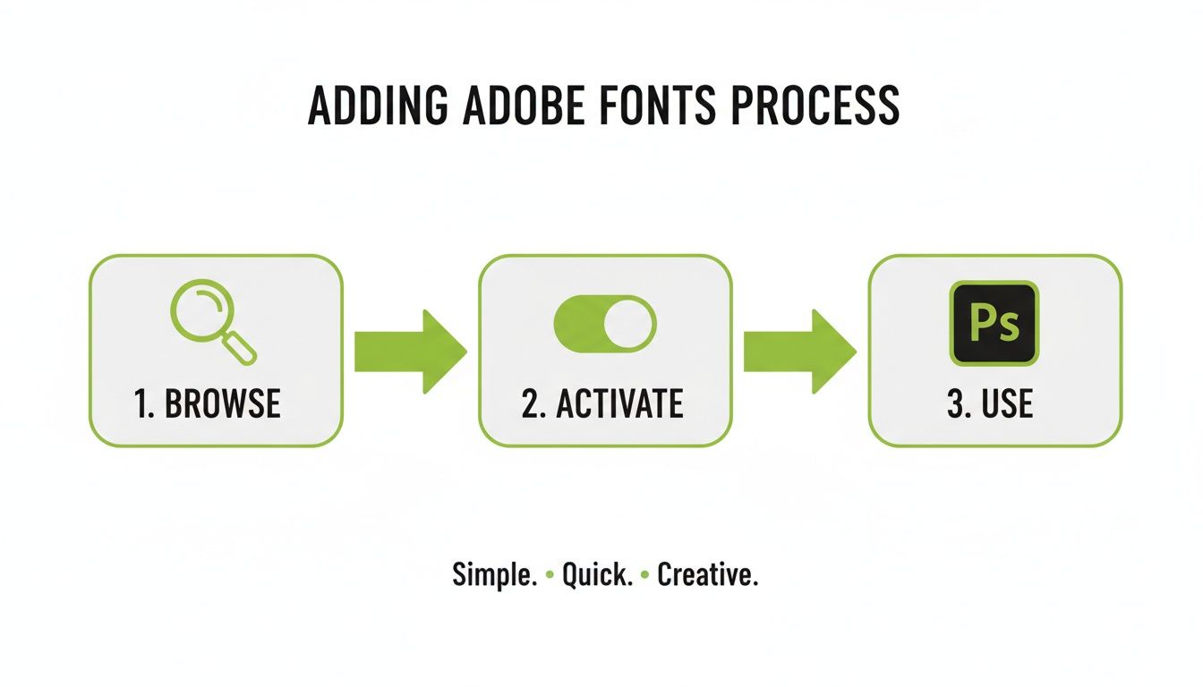 Visual guide outlining the 3-step process for adding Adobe fonts: browse, activate, and use in Photoshop.