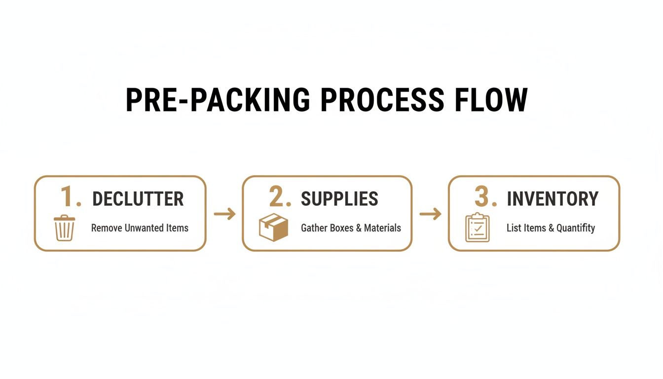 A pre-packing process flow diagram showing three steps: declutter, supplies, and inventory.