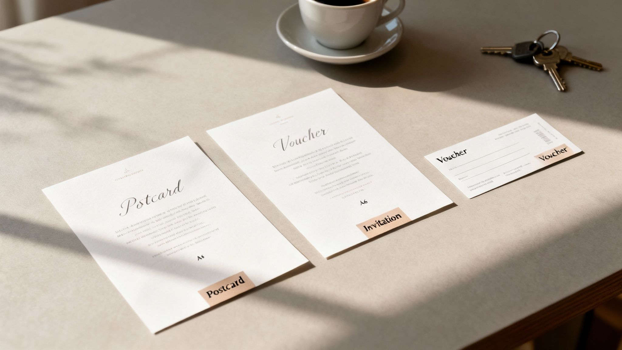 Three A6-sized white paper items: a postcard, voucher, and ticket, on a table with a coffee cup and keys.