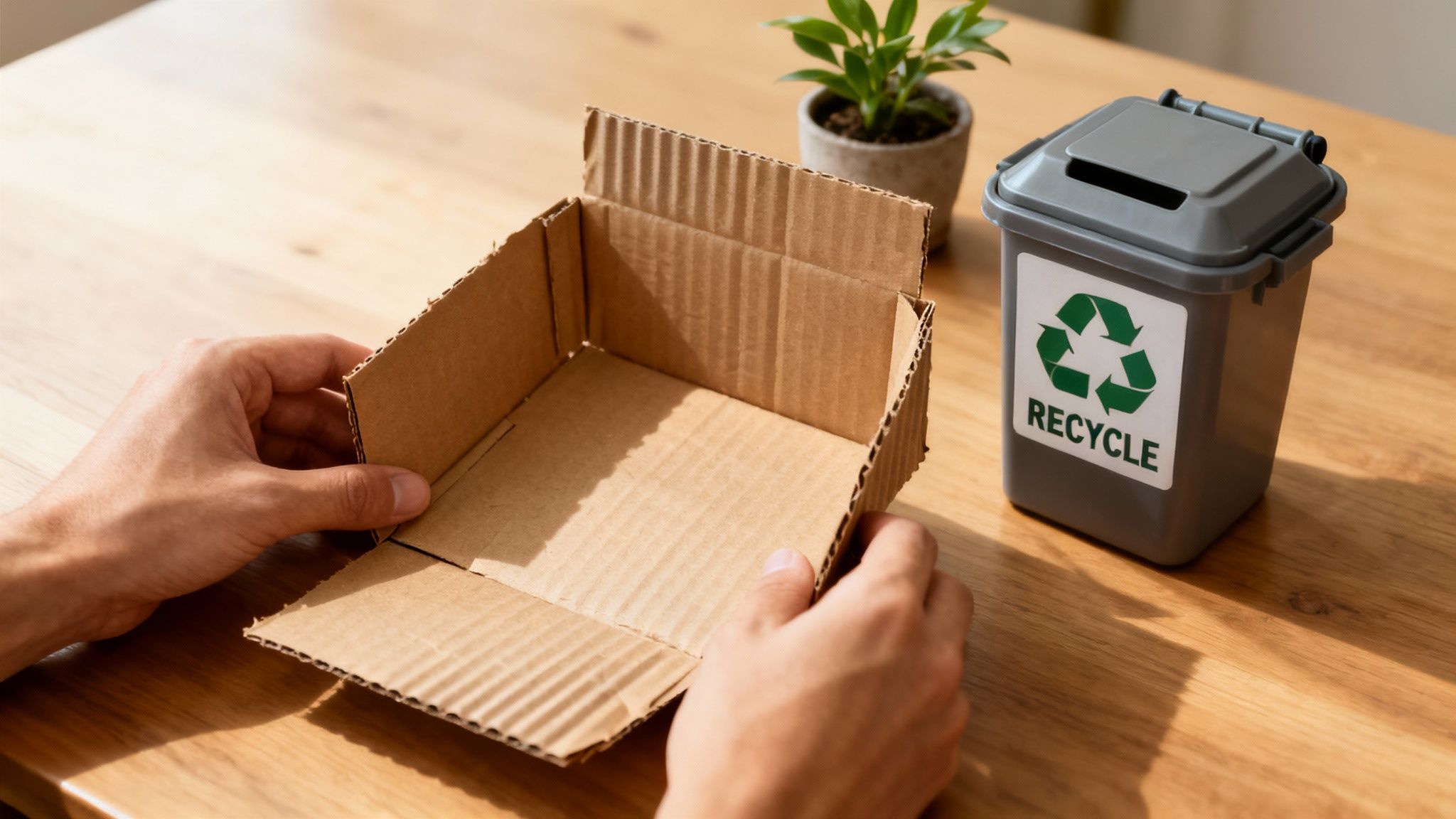 Hands hold an open cardboard box next to a grey recycling bin and a potted plant.