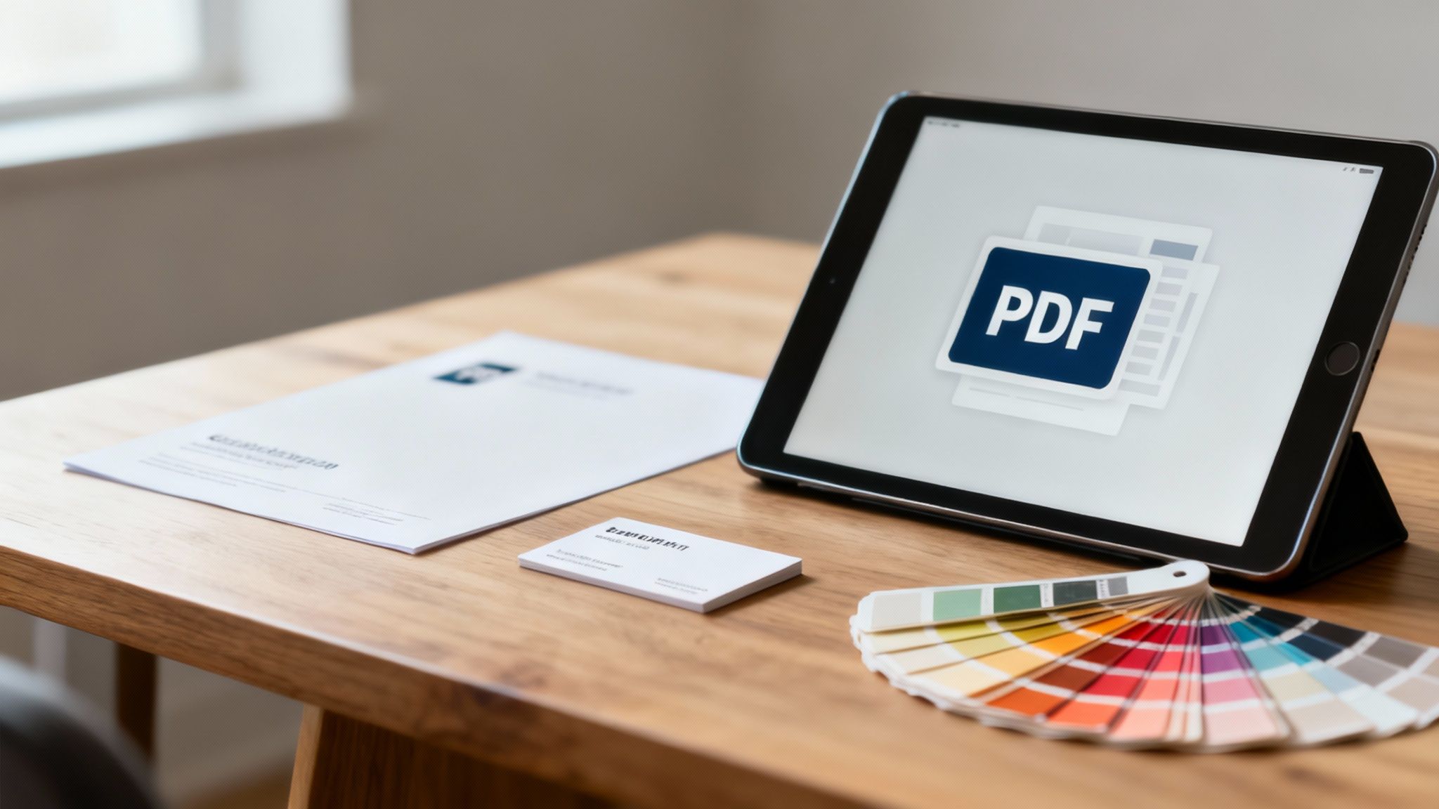A tablet displaying a PDF icon on a wooden desk with documents, a business card, and color swatches.