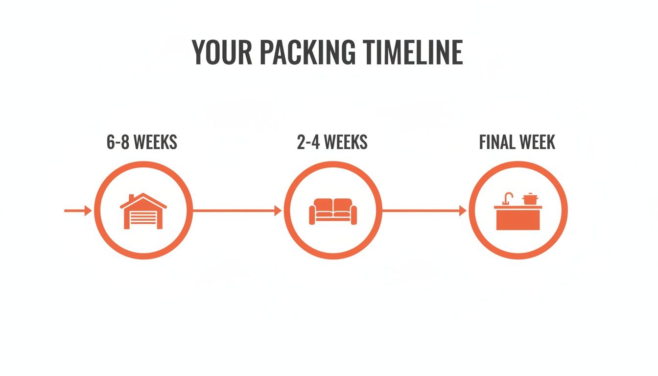 Packing timeline infographic illustrating three stages of preparing to move house, from early weeks to final days.