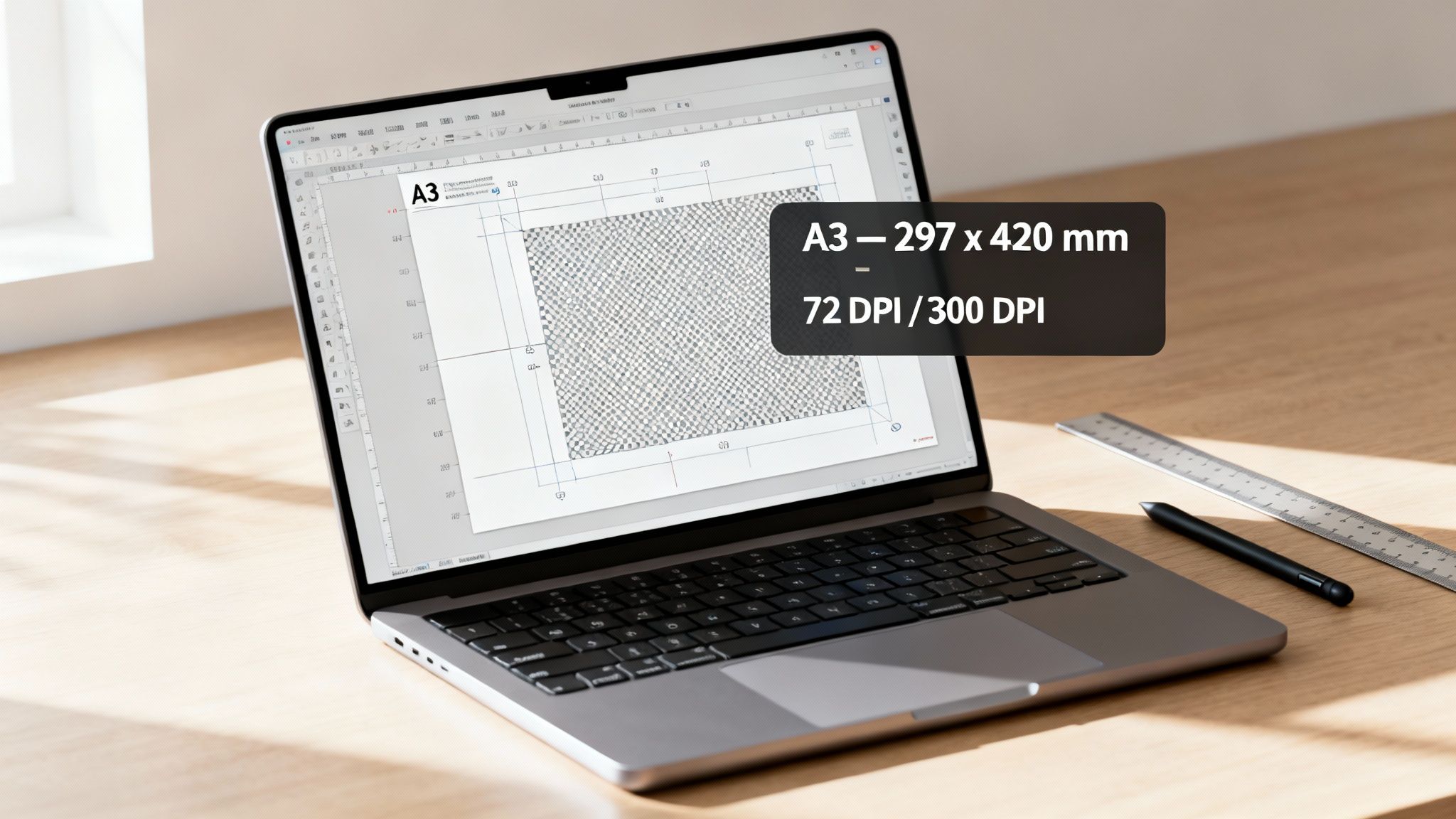 Laptop screen displaying A3 paper dimensions, 297x420mm, along with DPI details on a desk.