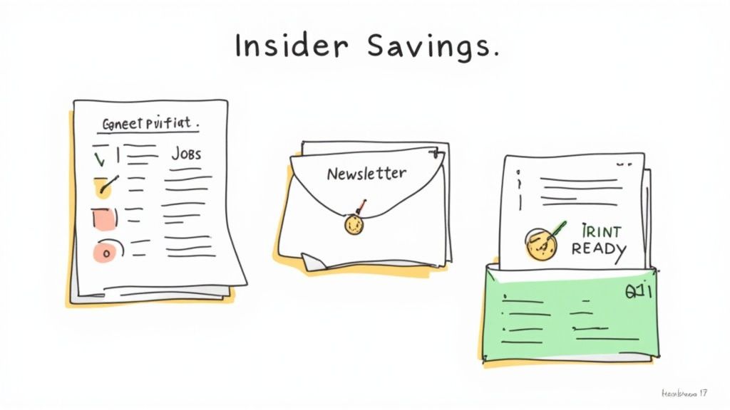 Hand-drawn illustration of documents, including a job checklist, newsletter, and folder, for insider savings.