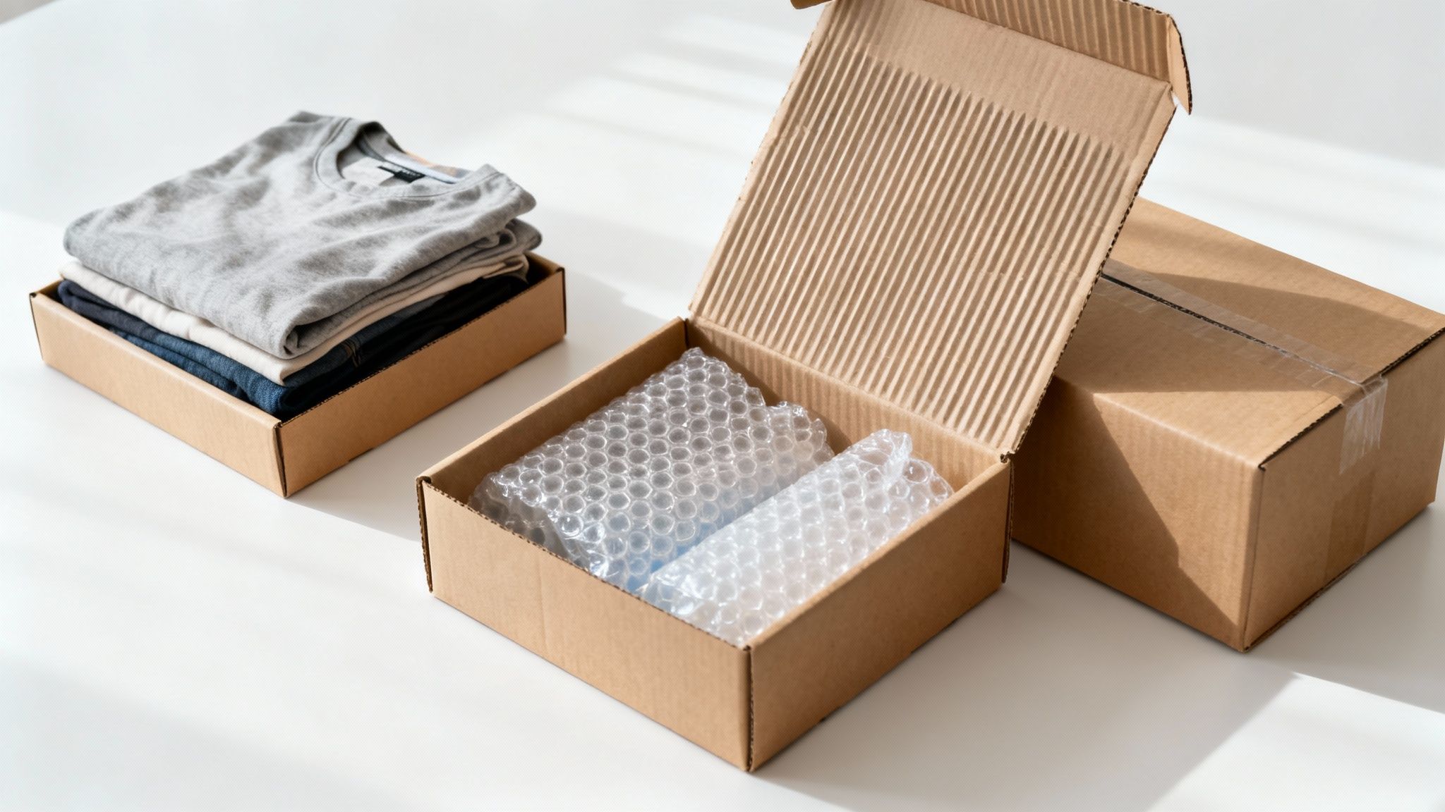 Three cardboard boxes on a white surface, one open with bubble wrap, another with folded clothes.
