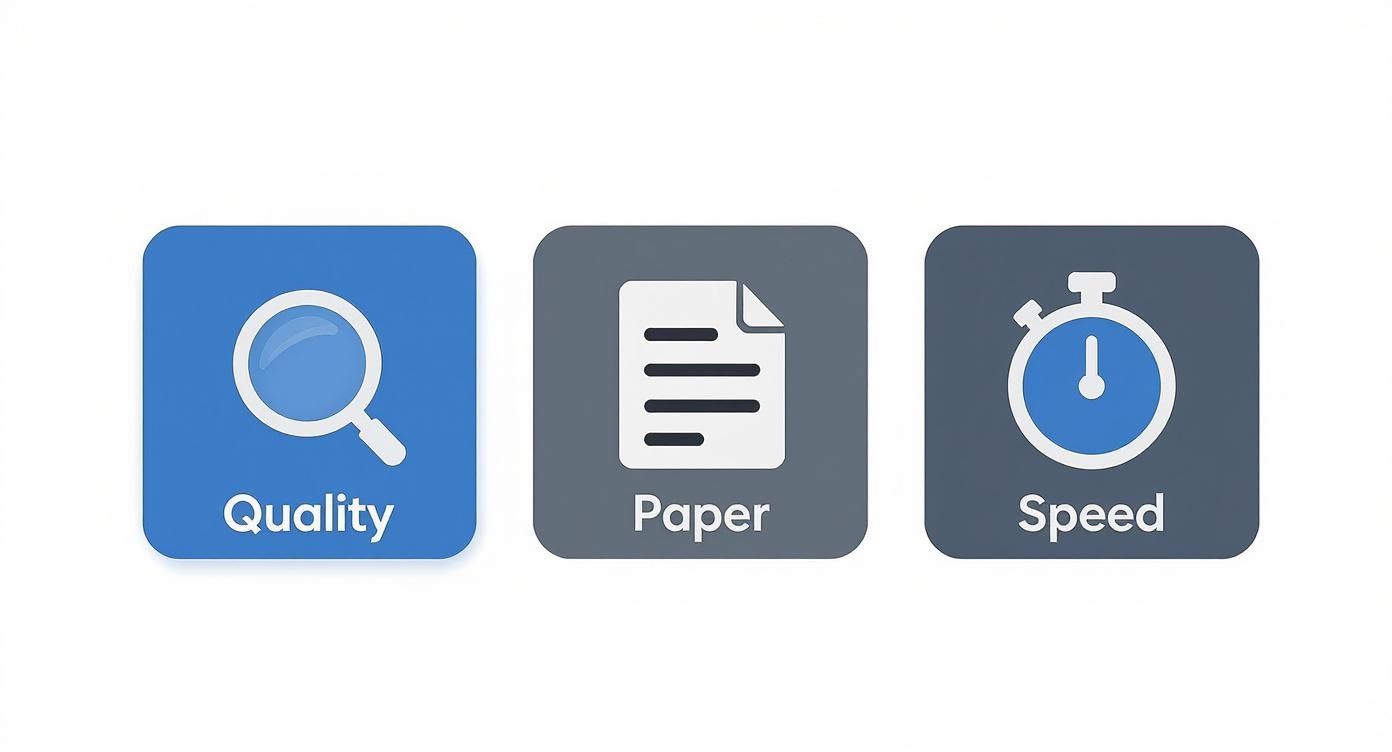 Three icons representing quality with a magnifying glass, paper with a document, and speed with a stopwatch.