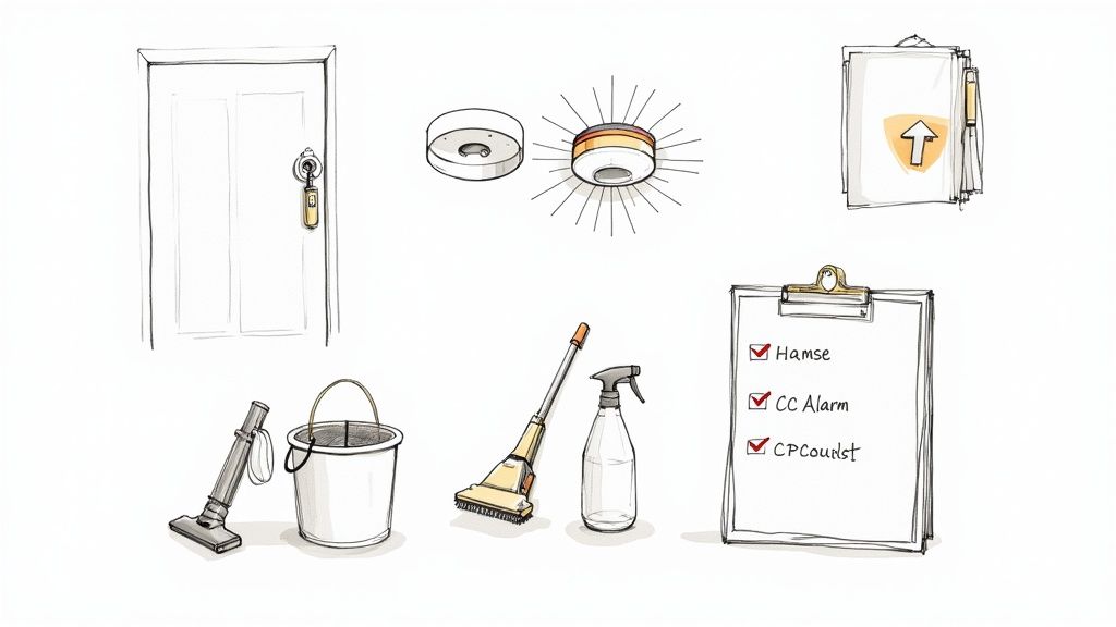 Sketches of a door, ceiling lights, cleaning tools, papers, and a checklist of tasks.