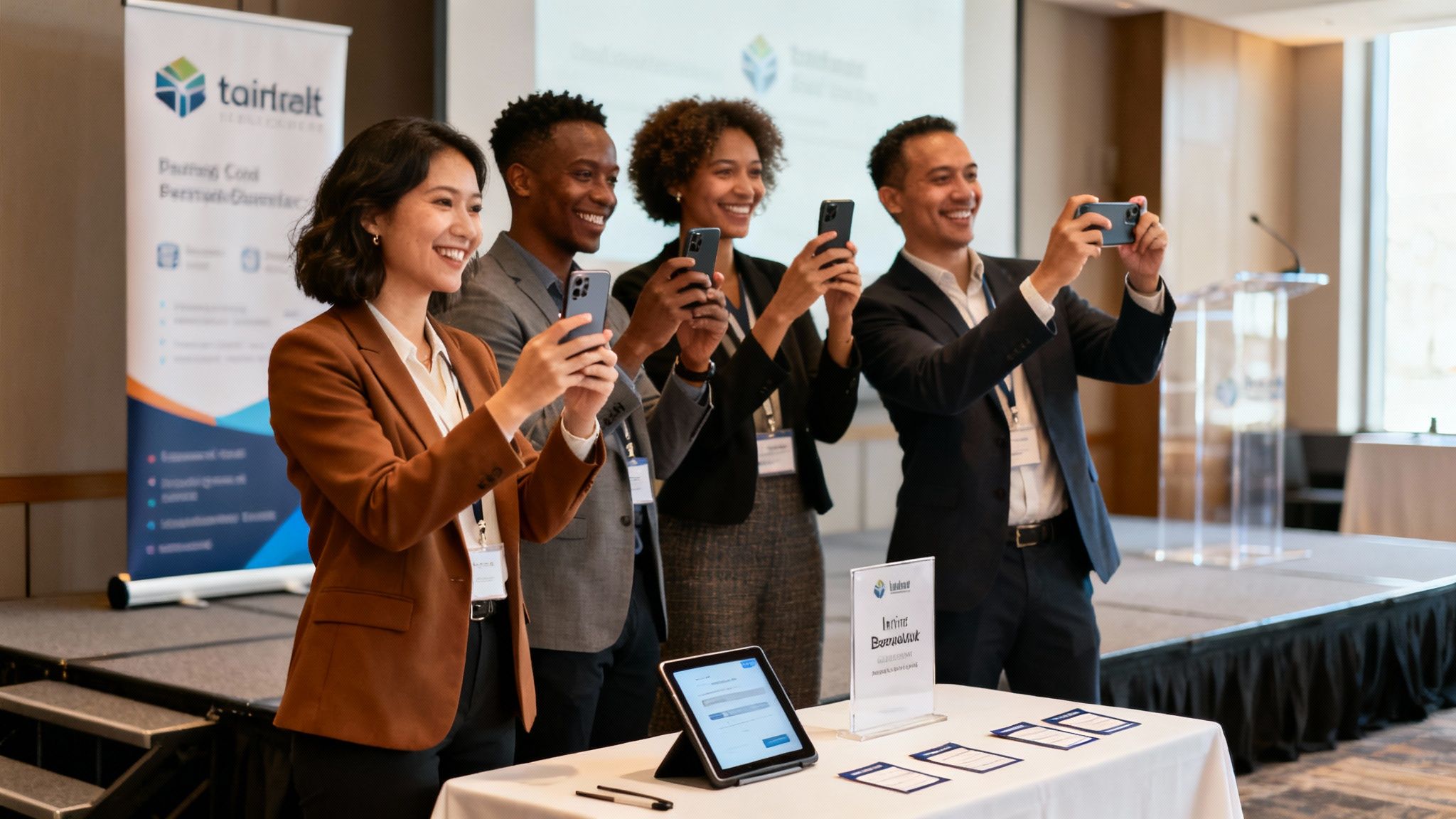 Four diverse professionals smiling and taking photos with smartphones at a lively event.