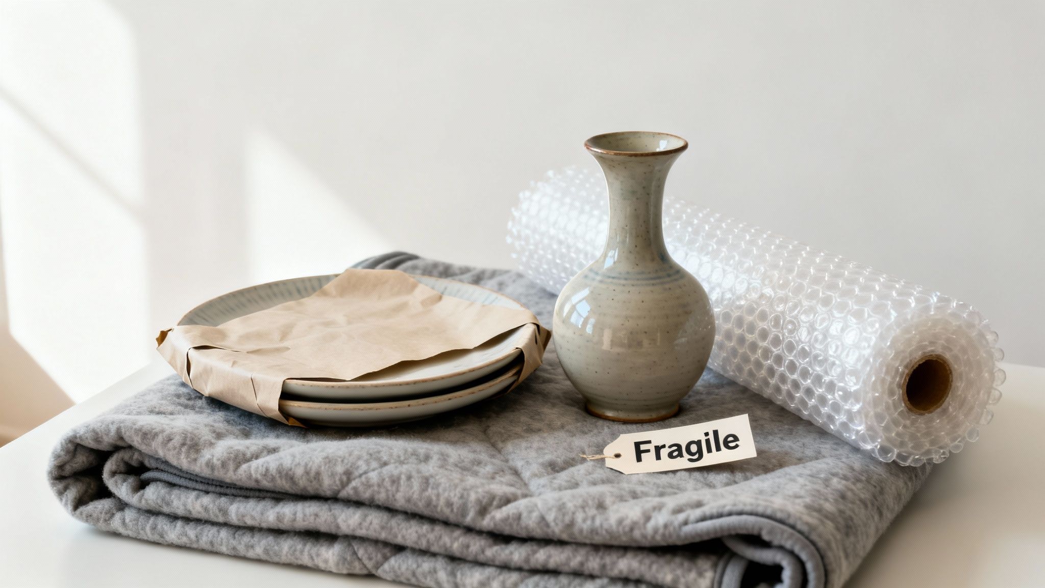 Fragile items packed for moving, including plates, a vase, bubble wrap, and a blanket.