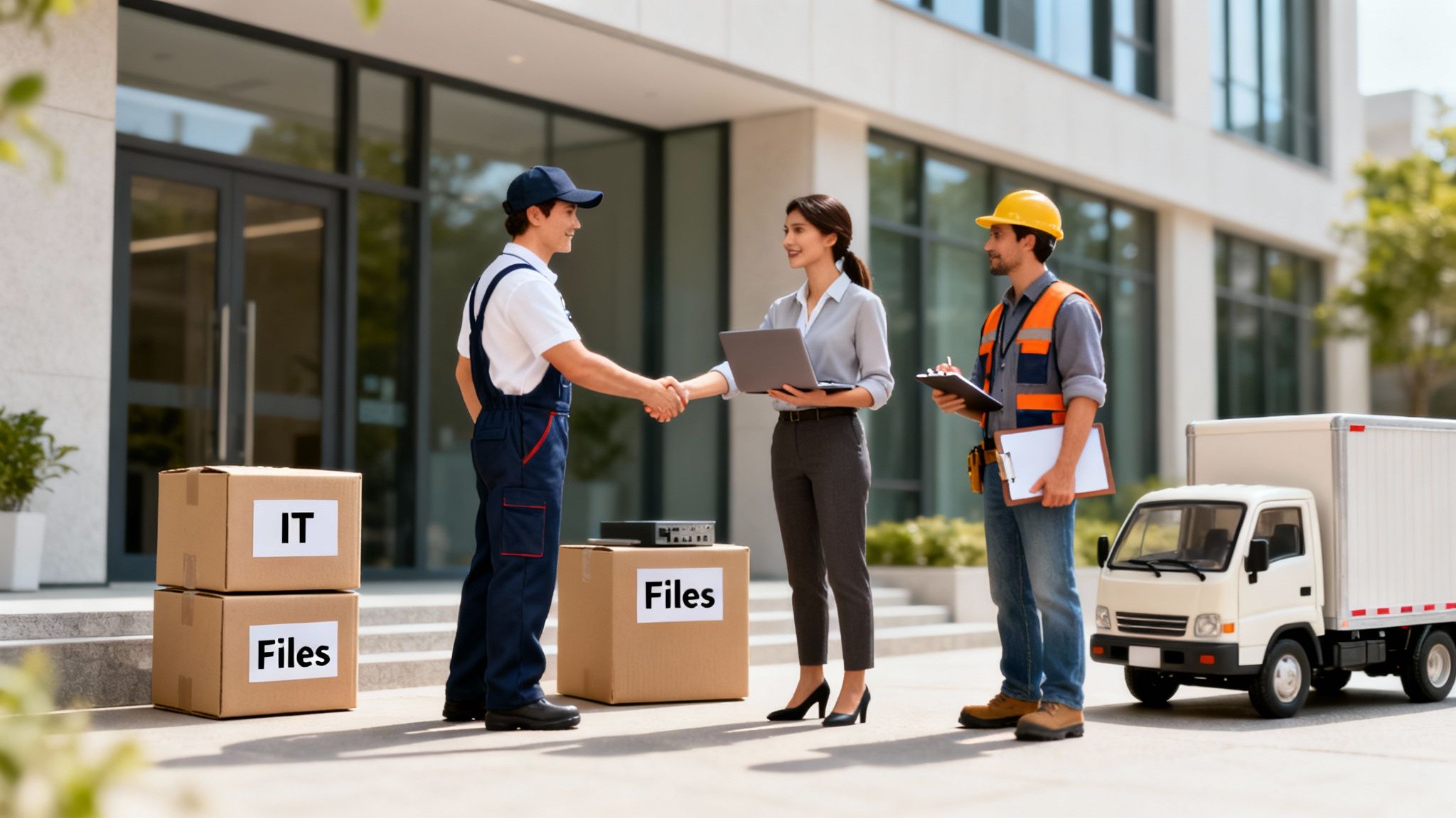 A delivery team helps a businesswoman relocate office items like IT equipment and files with a truck.