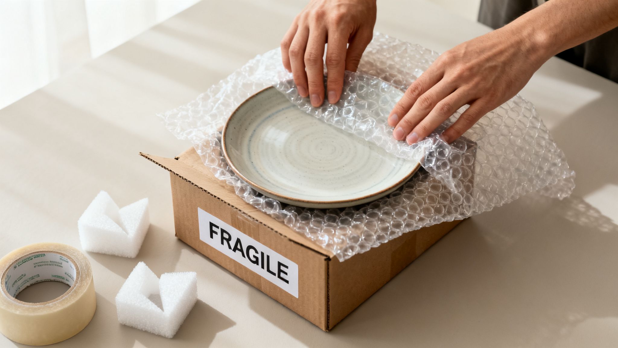 Person's hands carefully wrapping a ceramic plate with bubble wrap for a 'FRAGILE' box.