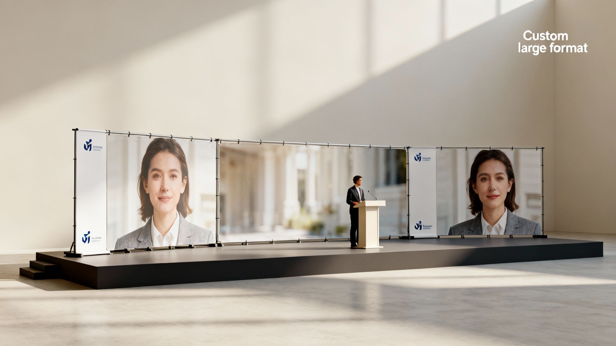 Professional stage setup with custom large format pull-up banners and a speaker at a podium.