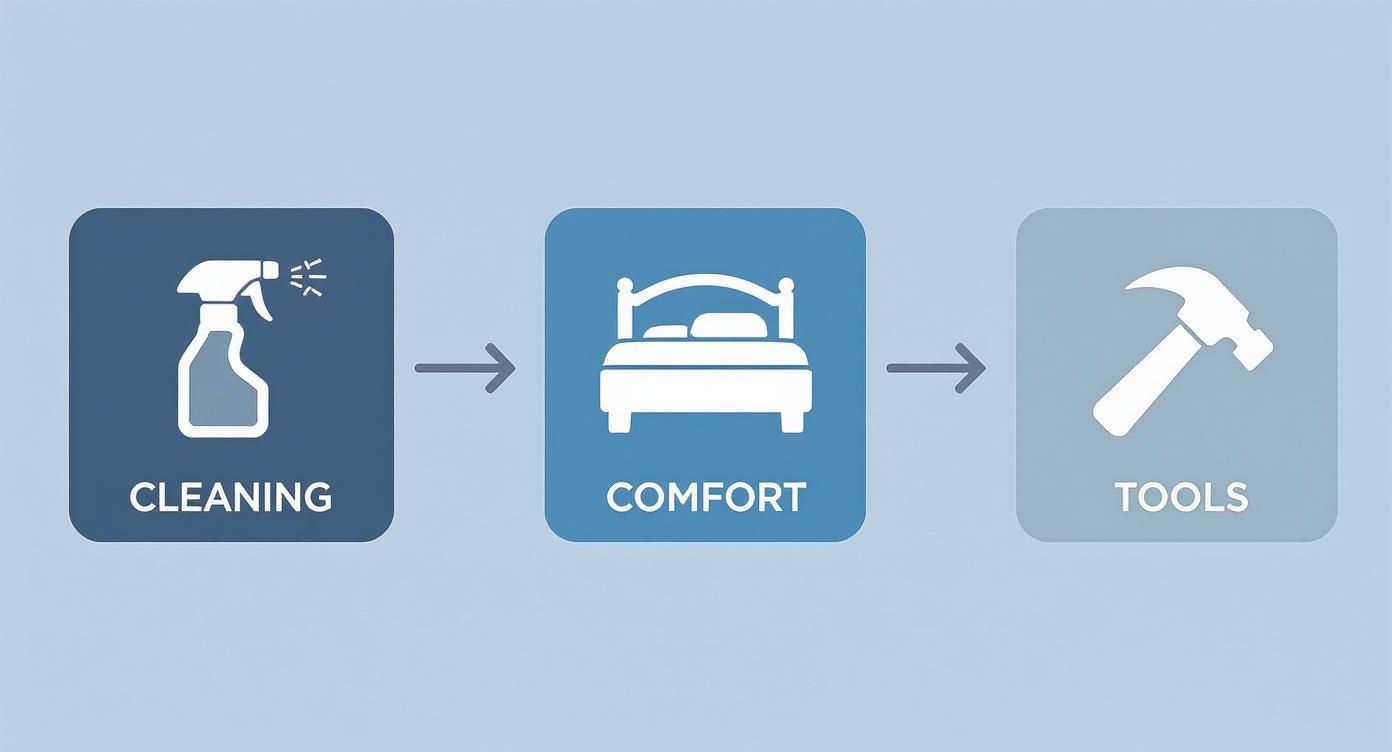 A diagram showing three categories: cleaning (spray bottle), comfort (bed), and tools (hammer) with connecting arrows.