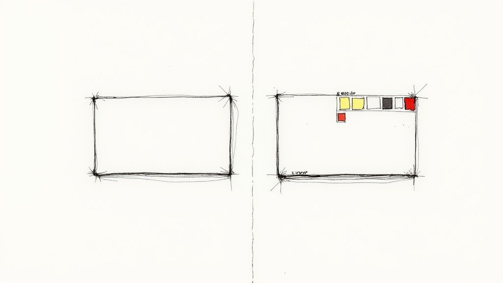 Hand-drawn sketch with two rectangles, one featuring a series of color swatches.