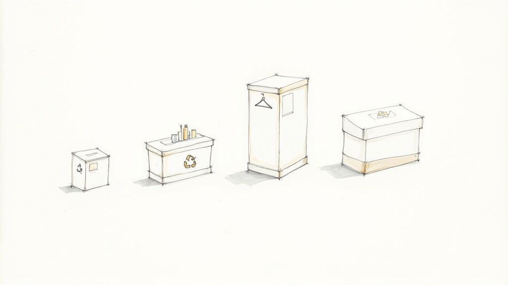 Sketches of four white boxes with symbols for recycling, clothing, and donations.