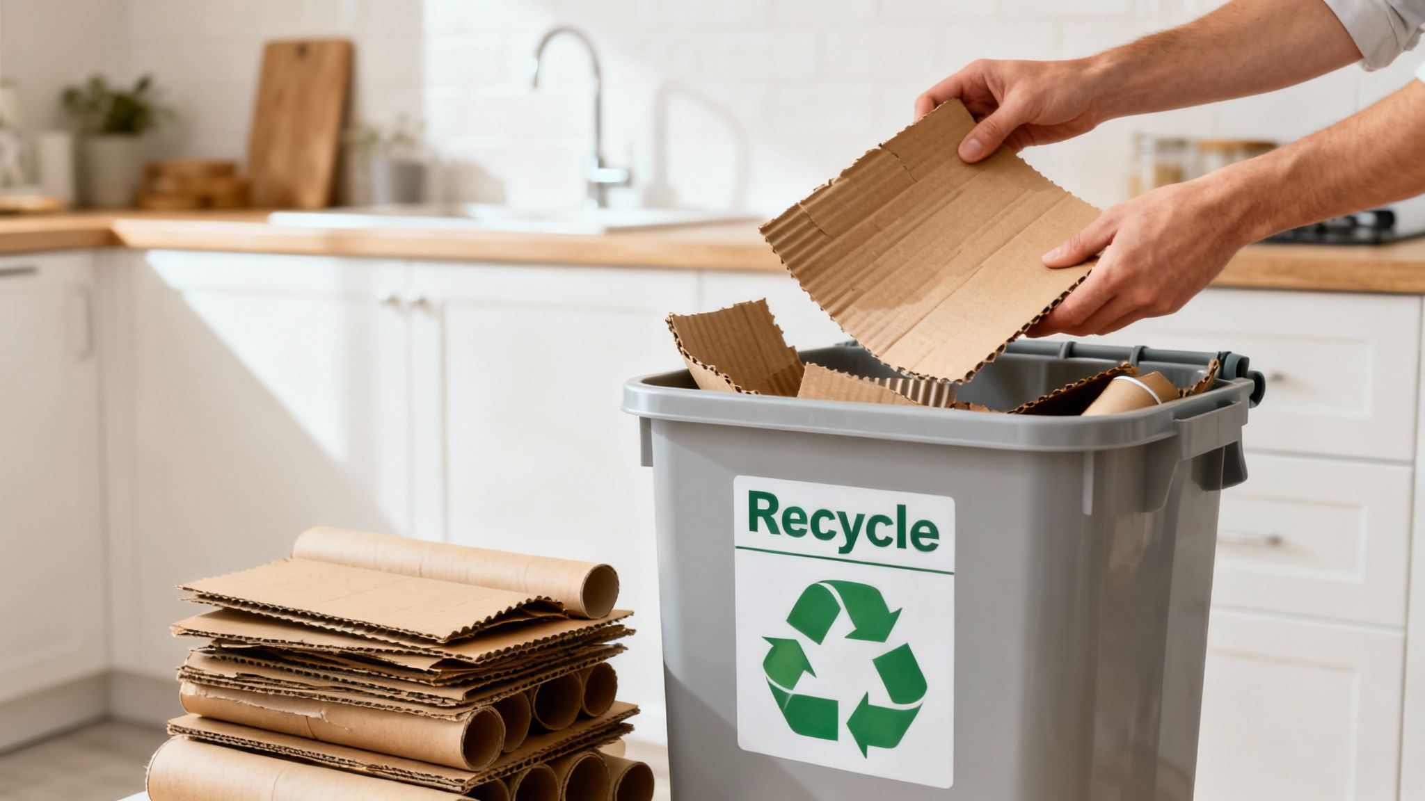 Hands place corrugated cardboard into a grey recycling bin labeled 'Recycle' in a kitchen setting.