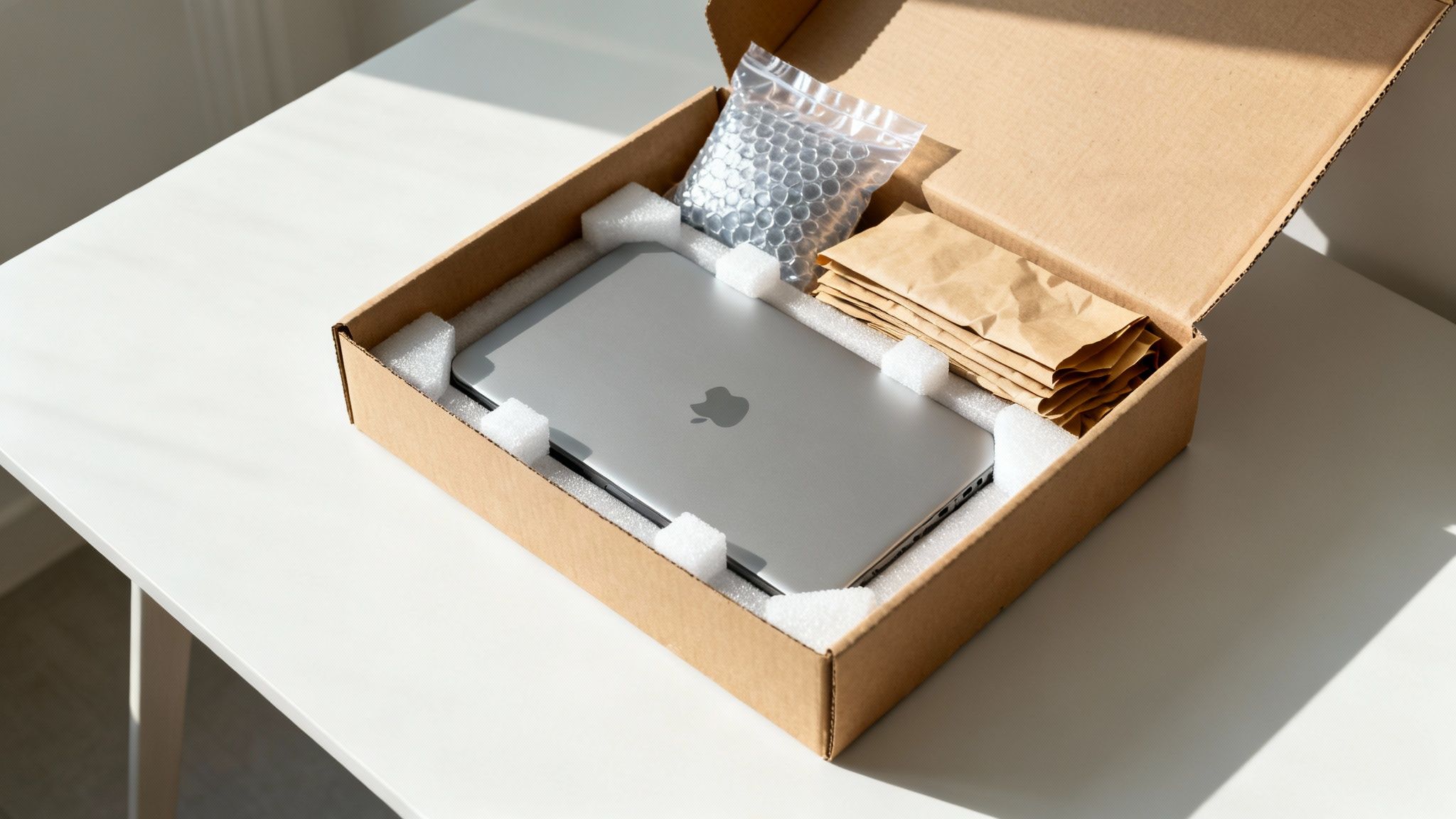 An open cardboard box contains a silver laptop, packaging materials, and protective foam on a white table.