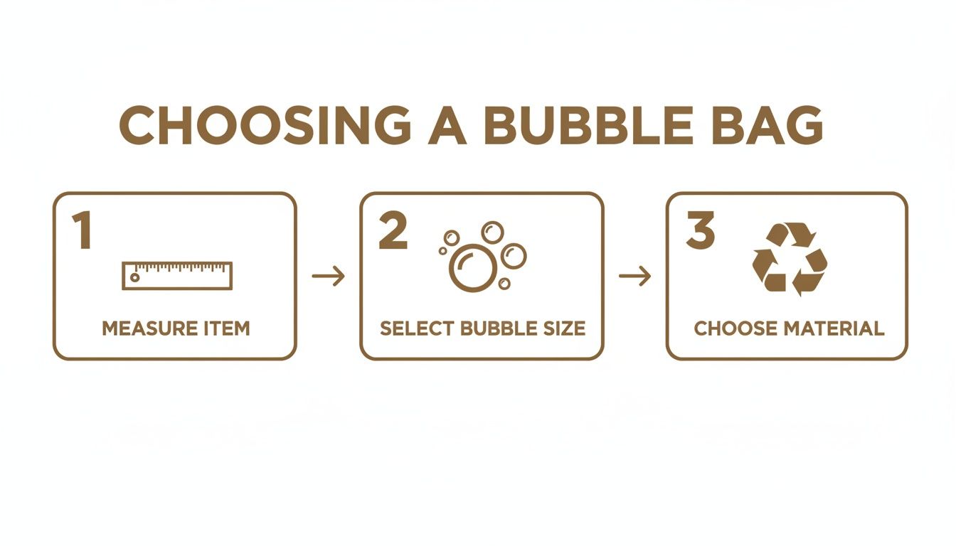 A three-step visual guide on choosing a bubble bag: measure item, select bubble size, and choose material.