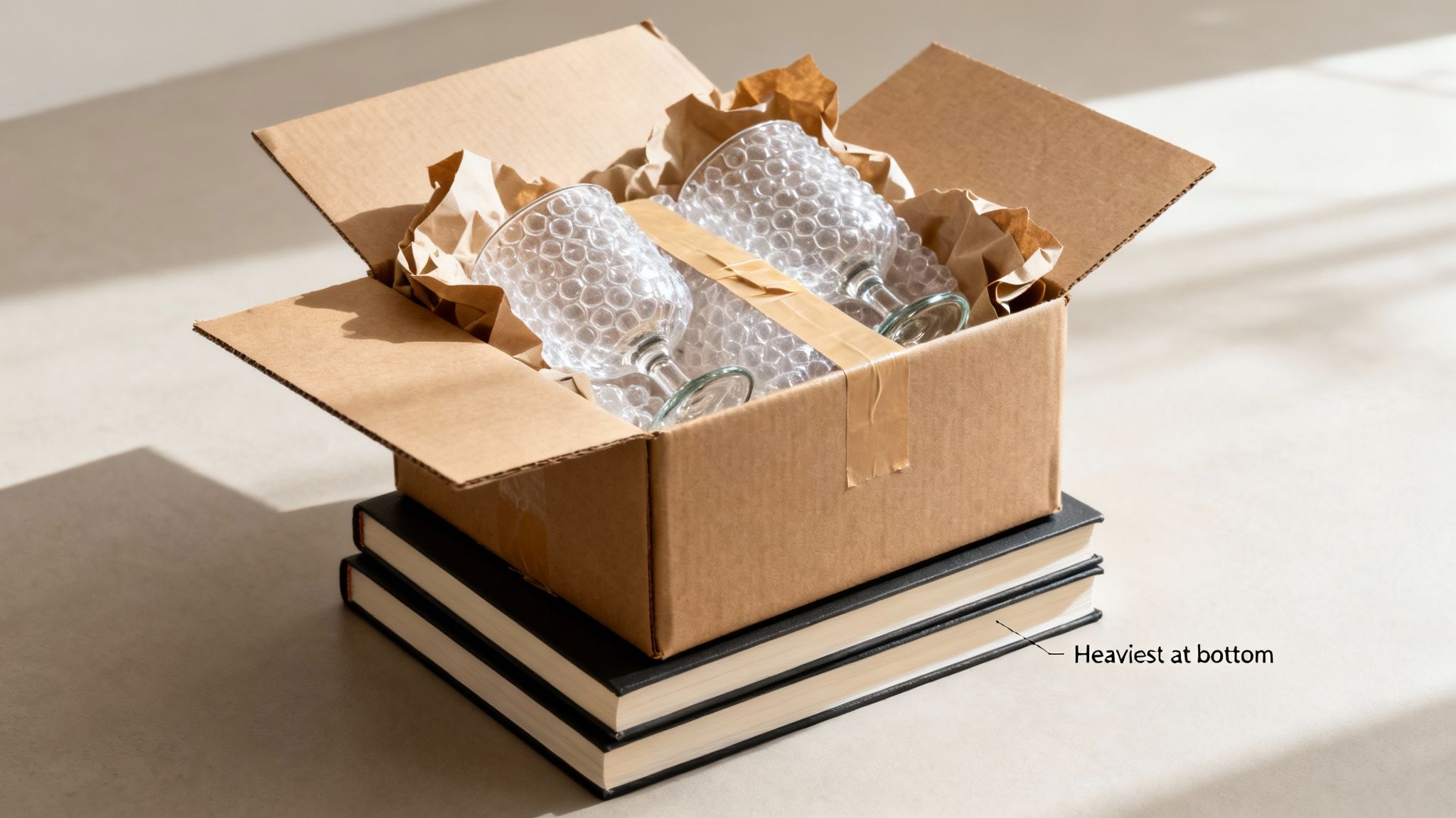 A cardboard box open to reveal two bubble-textured glass goblets protected by packing materials, sitting on stacked books.