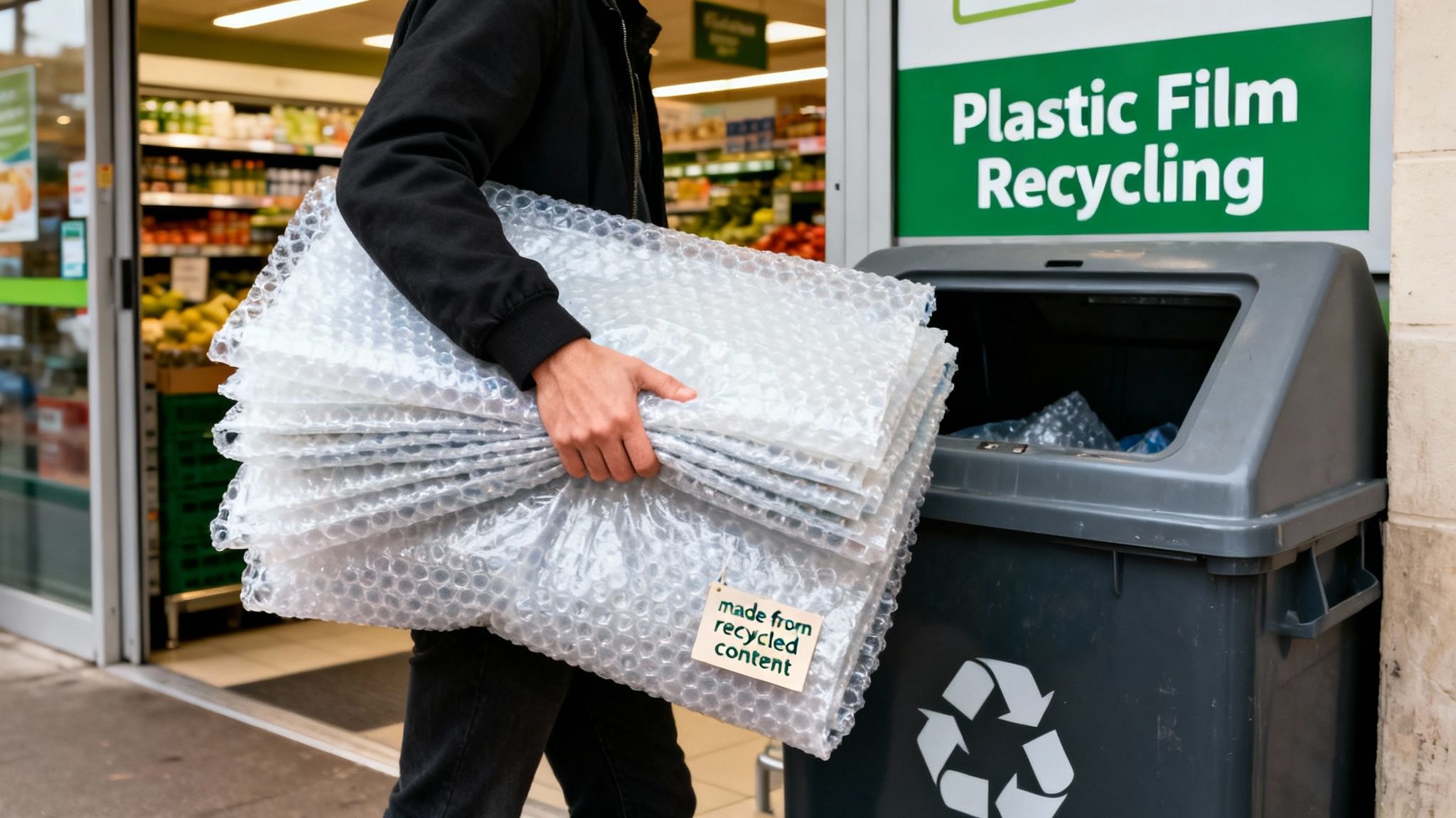 A person holds large bubble wrap rolls next to a 'Plastic Film Recycling' bin outside a store.