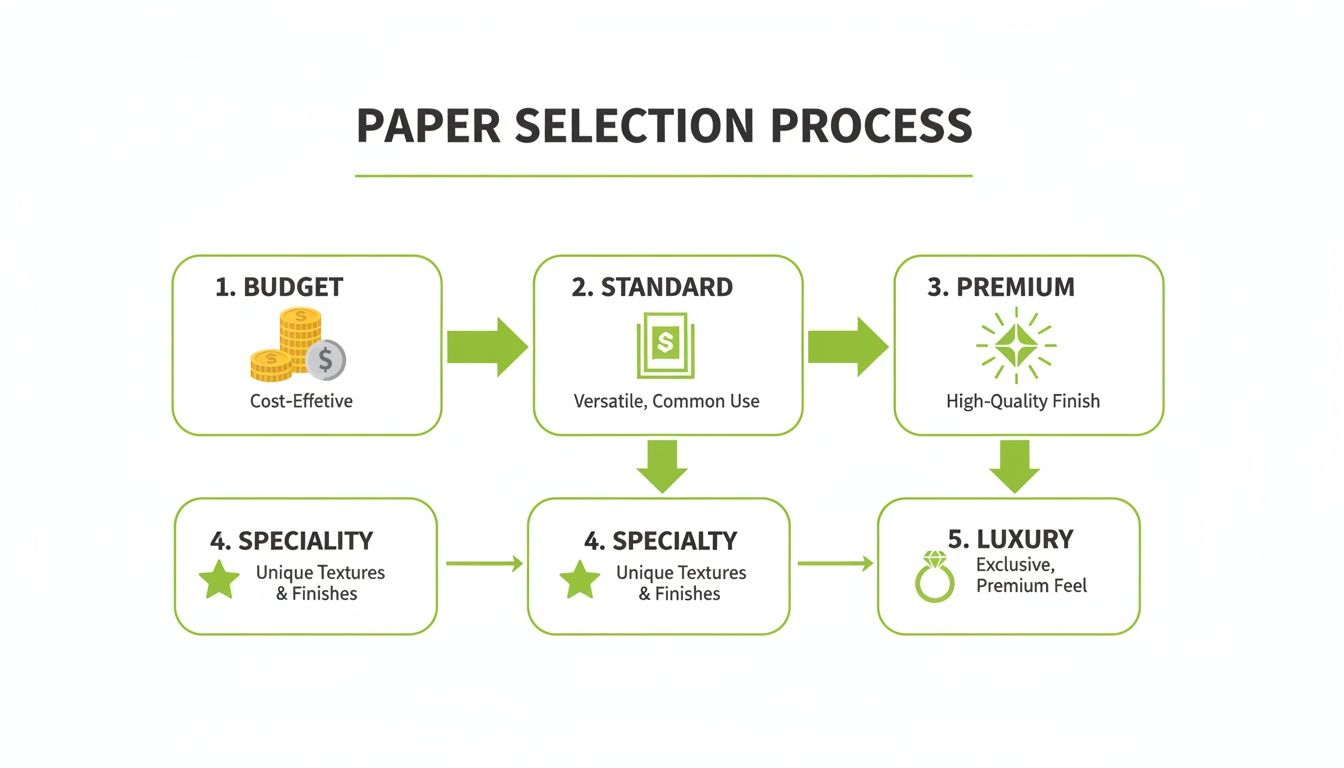 Diagram illustrating the paper selection process, covering budget, standard, premium, speciality, and luxury paper types.