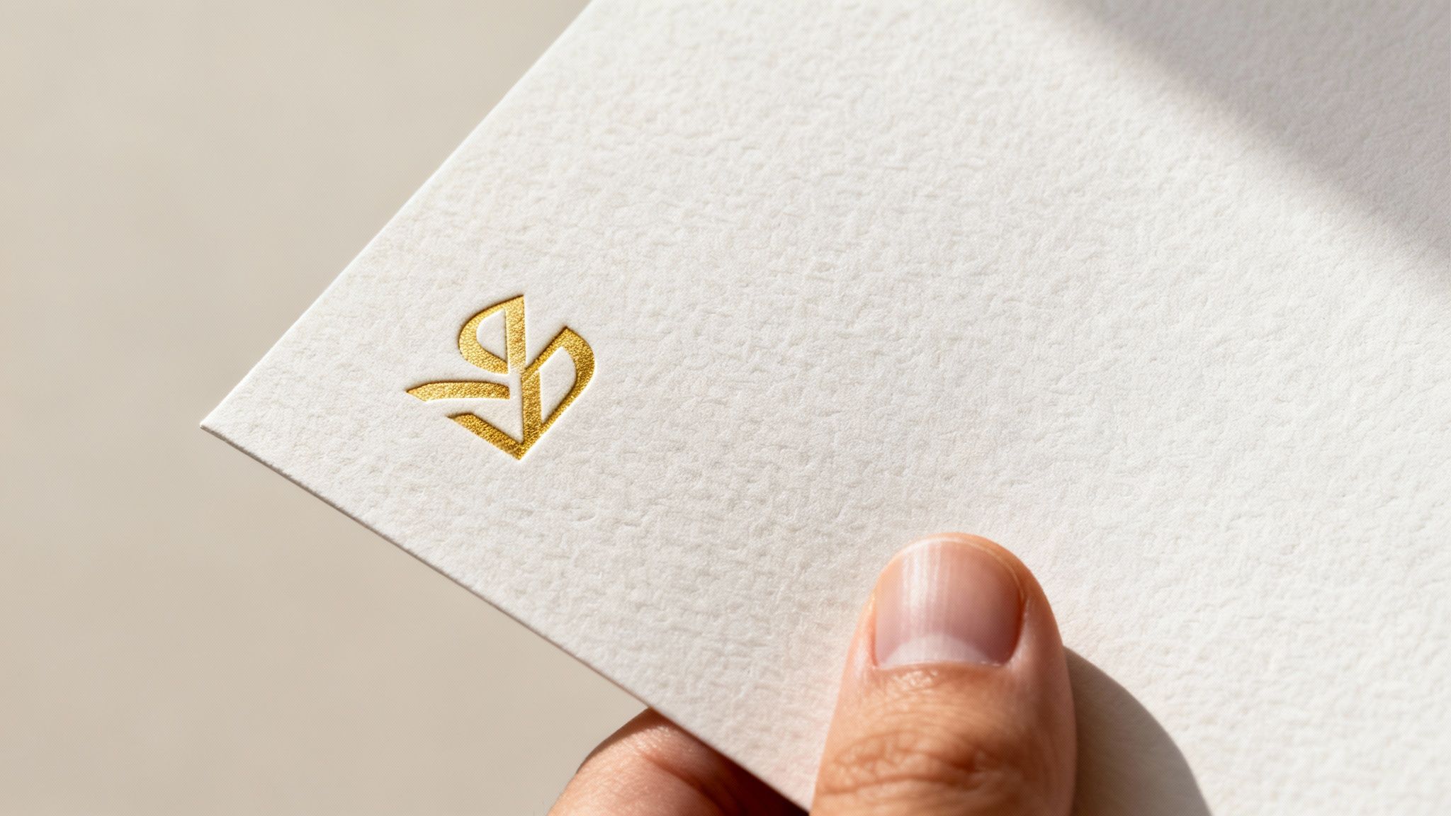 Luxurious gold foil logo embossed on a cream-textured letterhead held by a person.