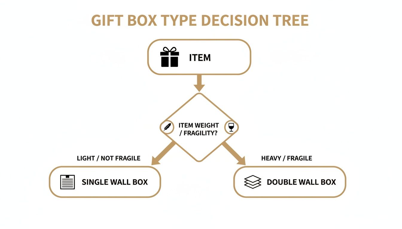 Decision tree flowchart guiding the selection of gift box type based on item weight and fragility.