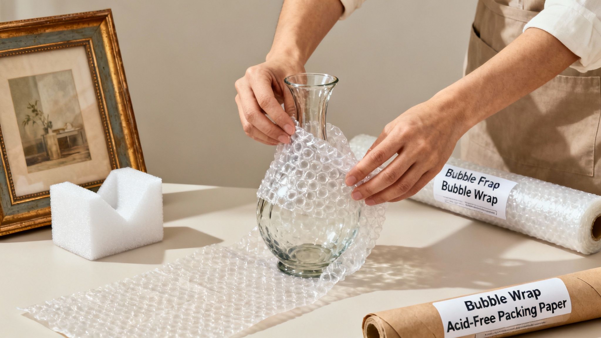 A person's hands carefully wrap a glass vase with bubble wrap, preparing it for moving.
