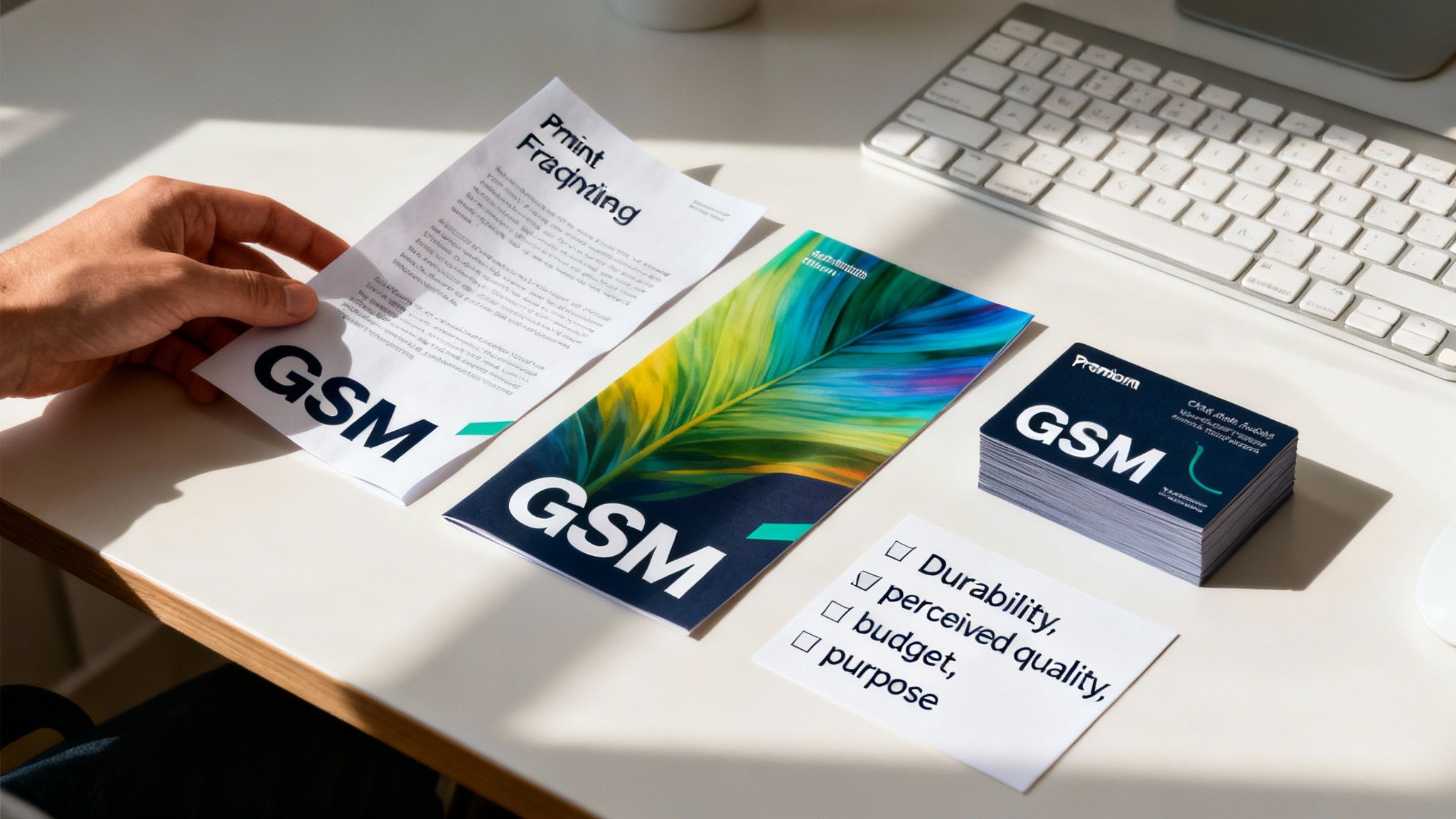 A person's hand holds a document next to a colorful brochure and a stack of GSM-branded business cards on a white desk.