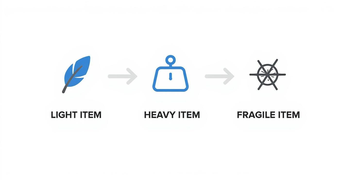 Icons showing a feather for light, a weight for heavy, and a fragile symbol for delicate items.
