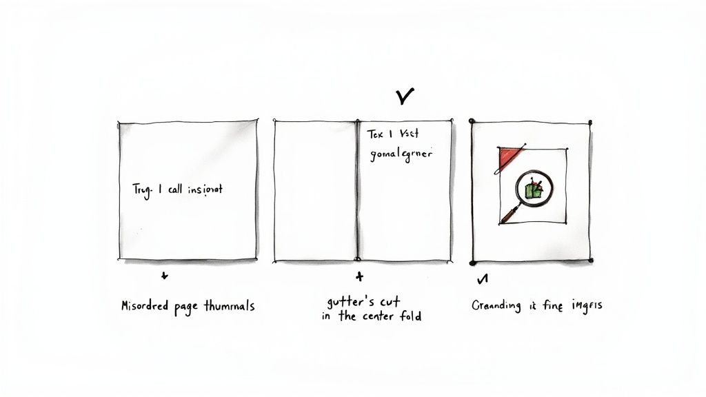 A person examining a printed booklet with a frustrated expression.