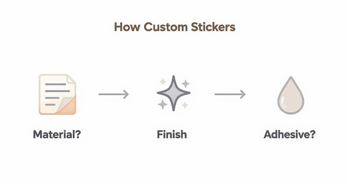 A visual guide illustrating the custom sticker creation process: Material, Finish, and Adhesive.