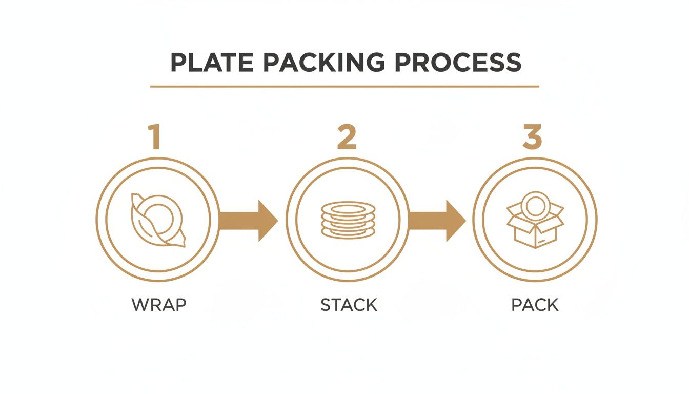 A three-step infographic outlining the plate packing process: wrap, stack, and pack.
