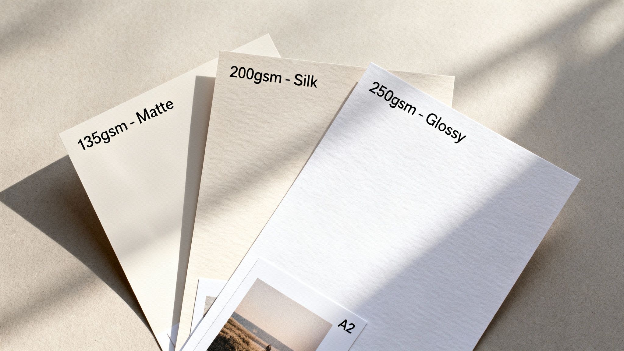 Three paper samples displaying 135gsm Matte, 200gsm Silk, and 250gsm Glossy finishes, next to an A2 print.