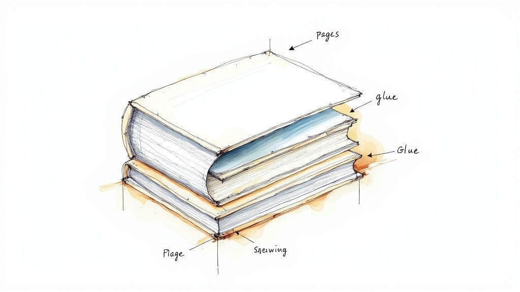 Detailed illustration of stacked perfect bound books showing pages, glue binding, and sewing construction components