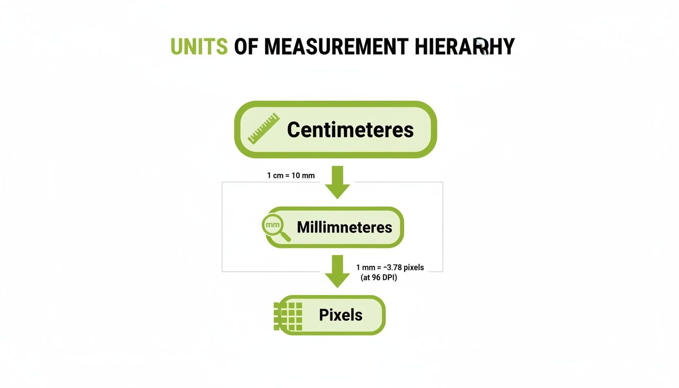 A hierarchy diagram illustrating conversion from centimeters to millimeters and then to pixels.