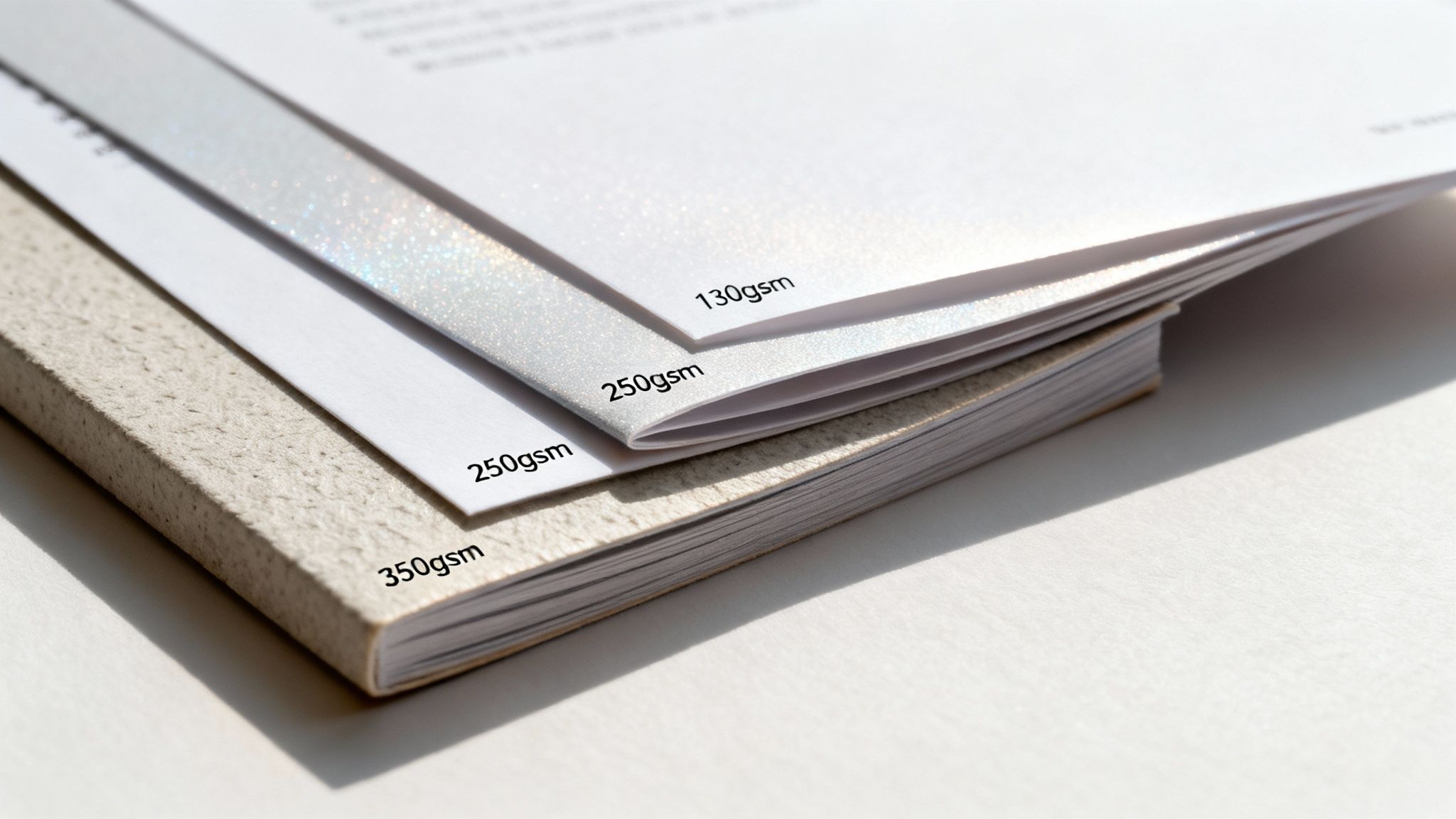 Stack of white and beige paper samples displaying different weights like 130gsm, 250gsm, and 350gsm.