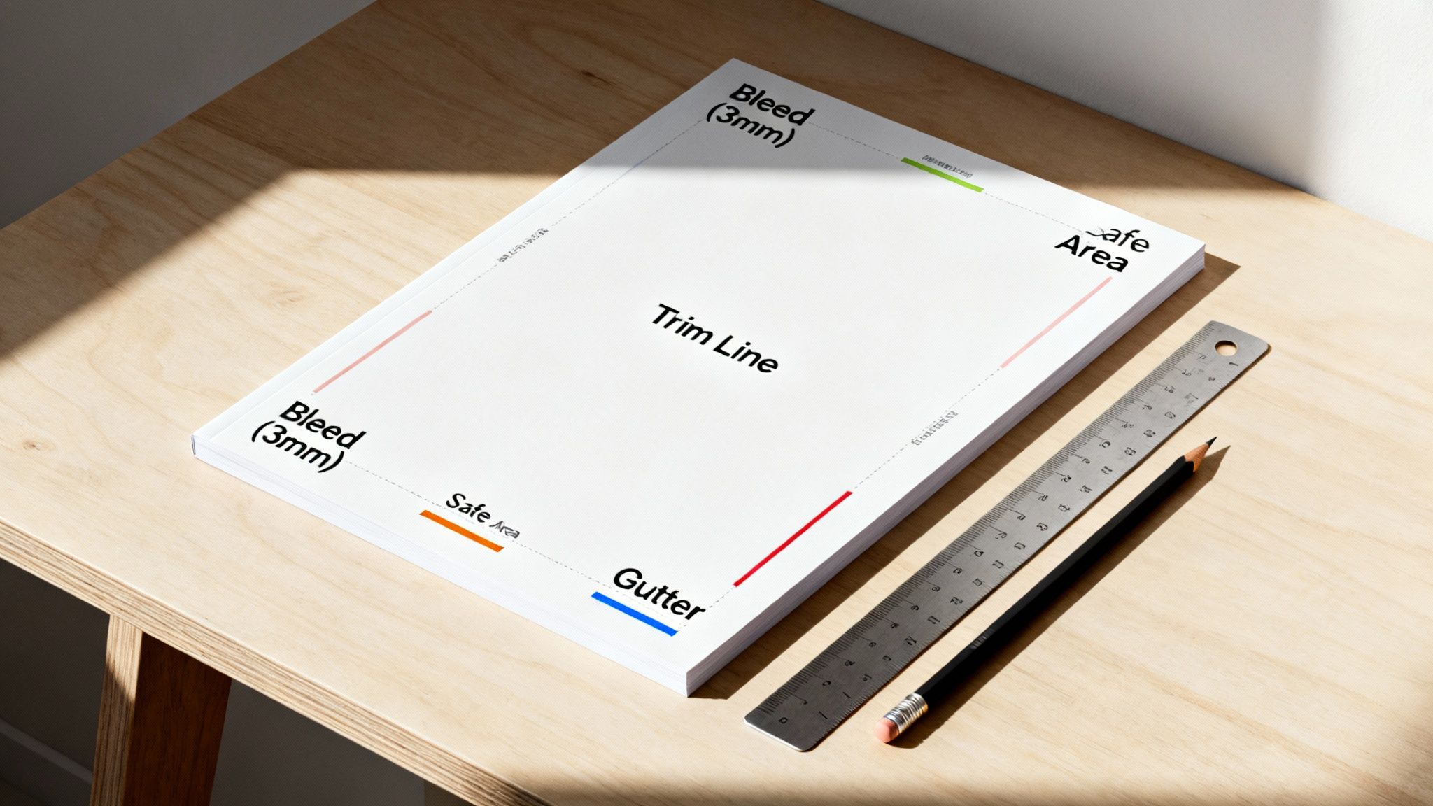 Overhead view of a document illustrating print design terms like bleed, trim line, and safe area on a wooden desk with a ruler and pencil.