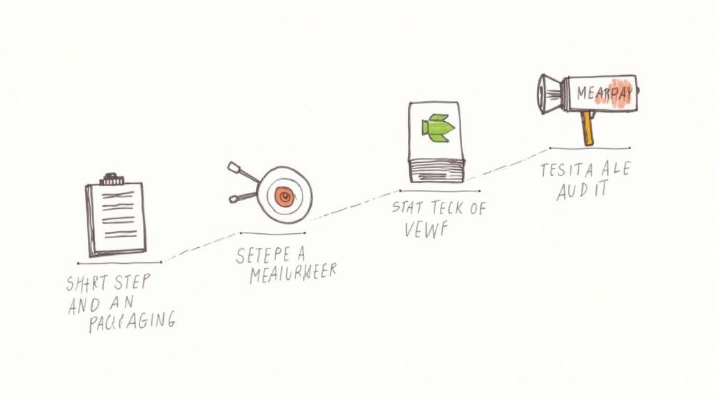 Diagram showing four steps of sustainable packaging process from start to audit with illustrations