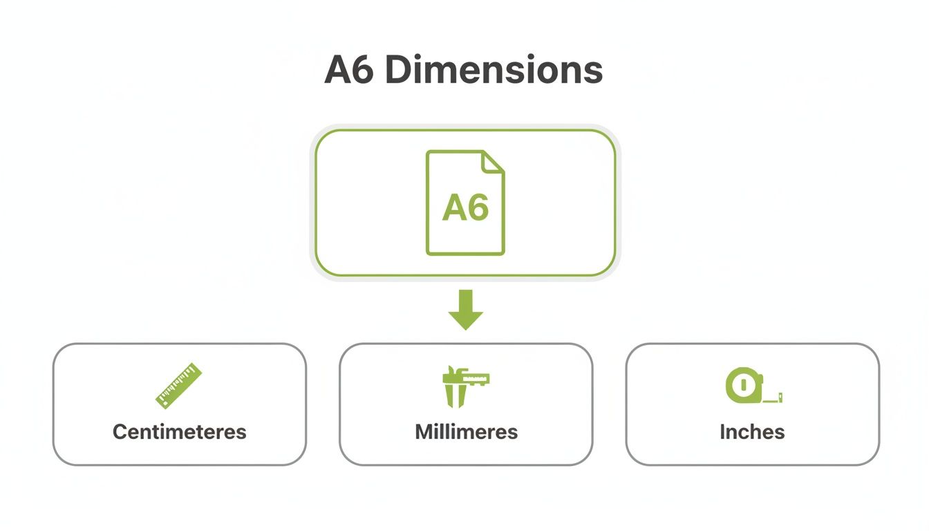 Flowchart showing A6 paper dimensions converted into centimeters, millimeters, and inches with relevant icons.