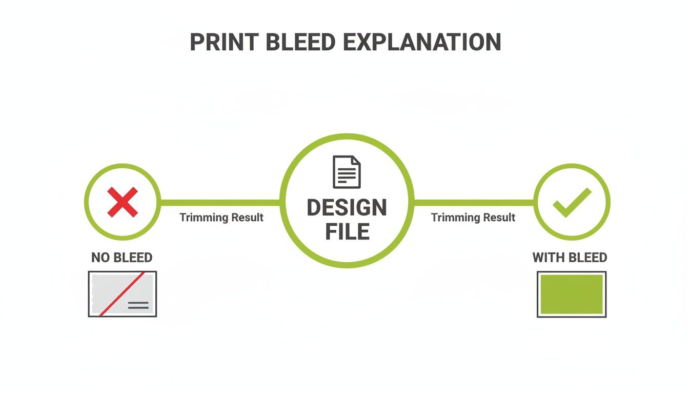 Infographic explaining print bleed, demonstrating correct printing with bleed versus incorrect without bleed.