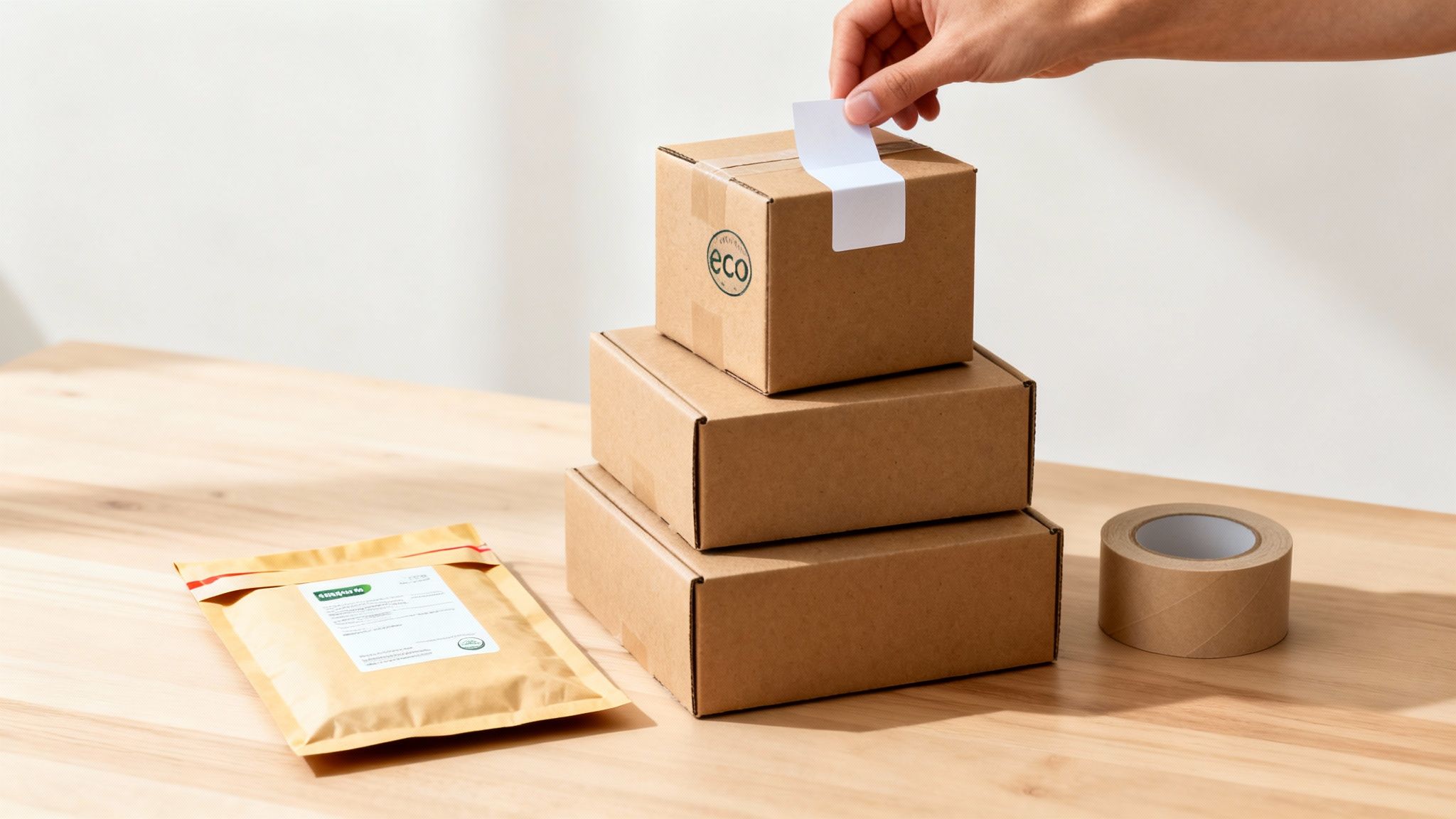 Hand applying a label to stacked eco-friendly cardboard boxes and a kraft mailer on a wooden table.