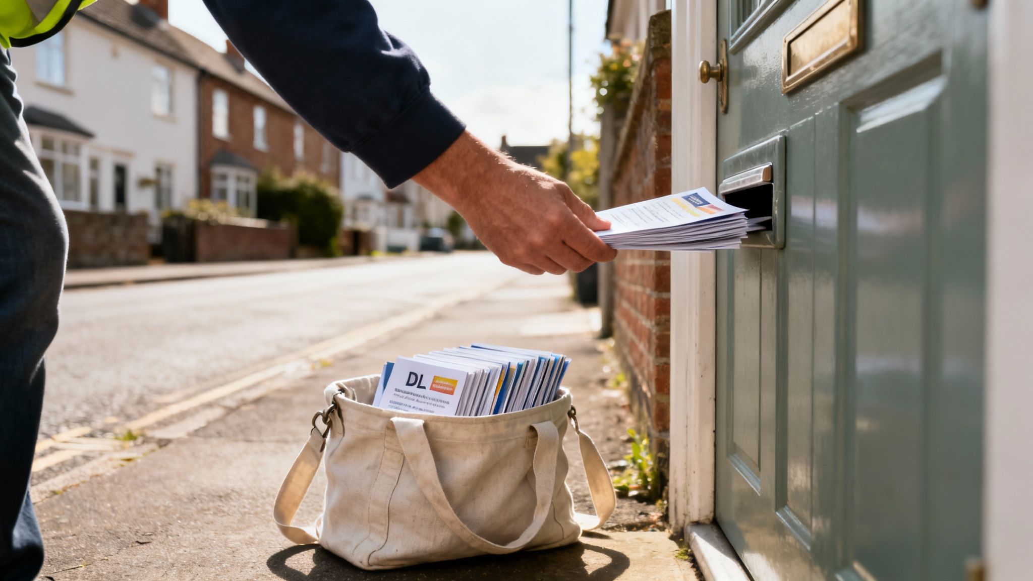 A person's hand delivering a stack of political leaflets into a letterbox on a green door.