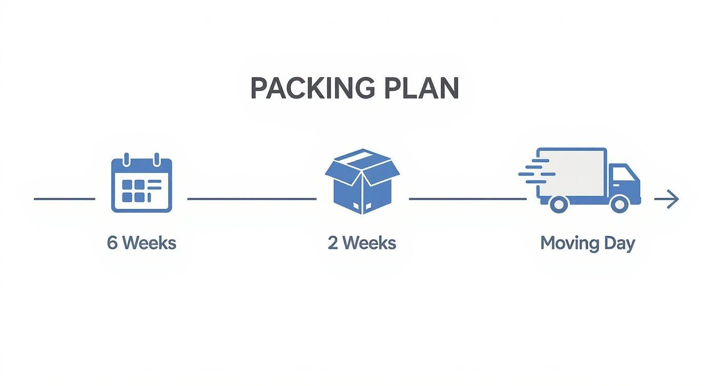 A visual timeline illustrating a packing plan for moving, with stages for 6 weeks, 2 weeks, and moving day.