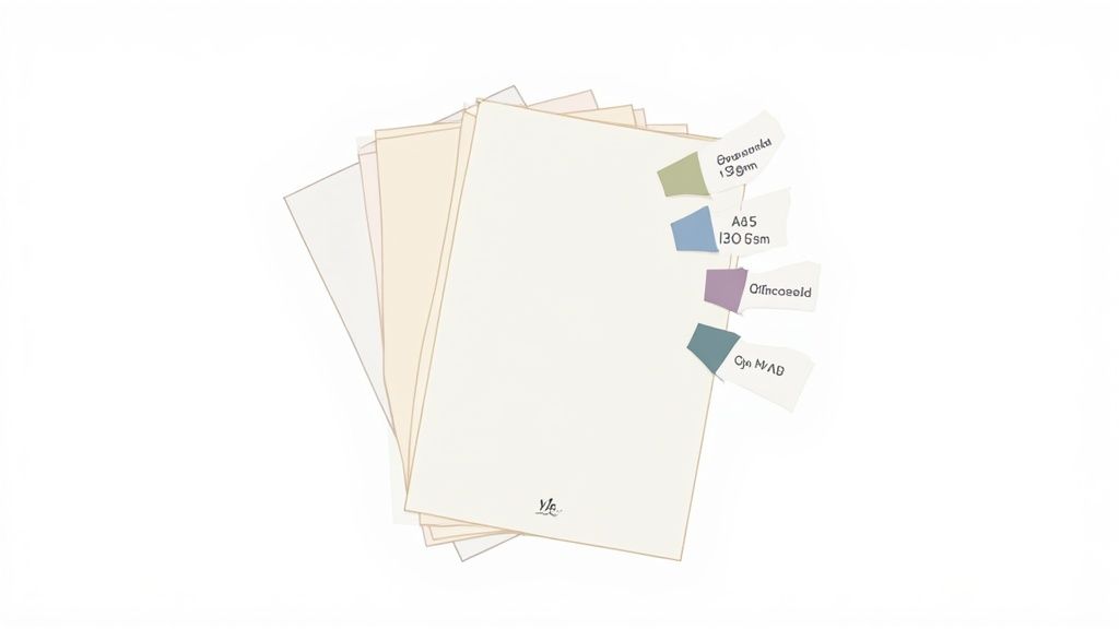 A stack of colorful paper samples with labeled tabs, showcasing different paper types and printing options.